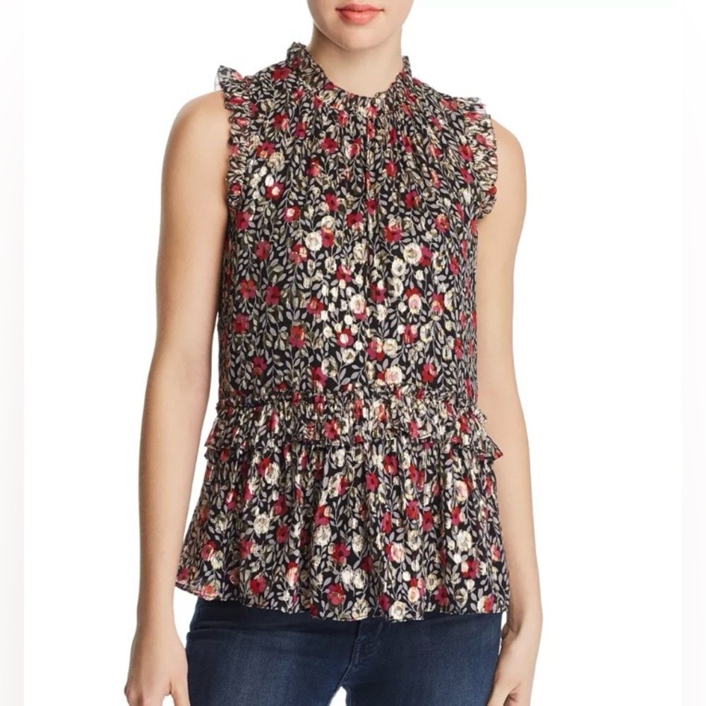 Kate Spade Size Small Floral Park Clip Dot Metallic Silk Top